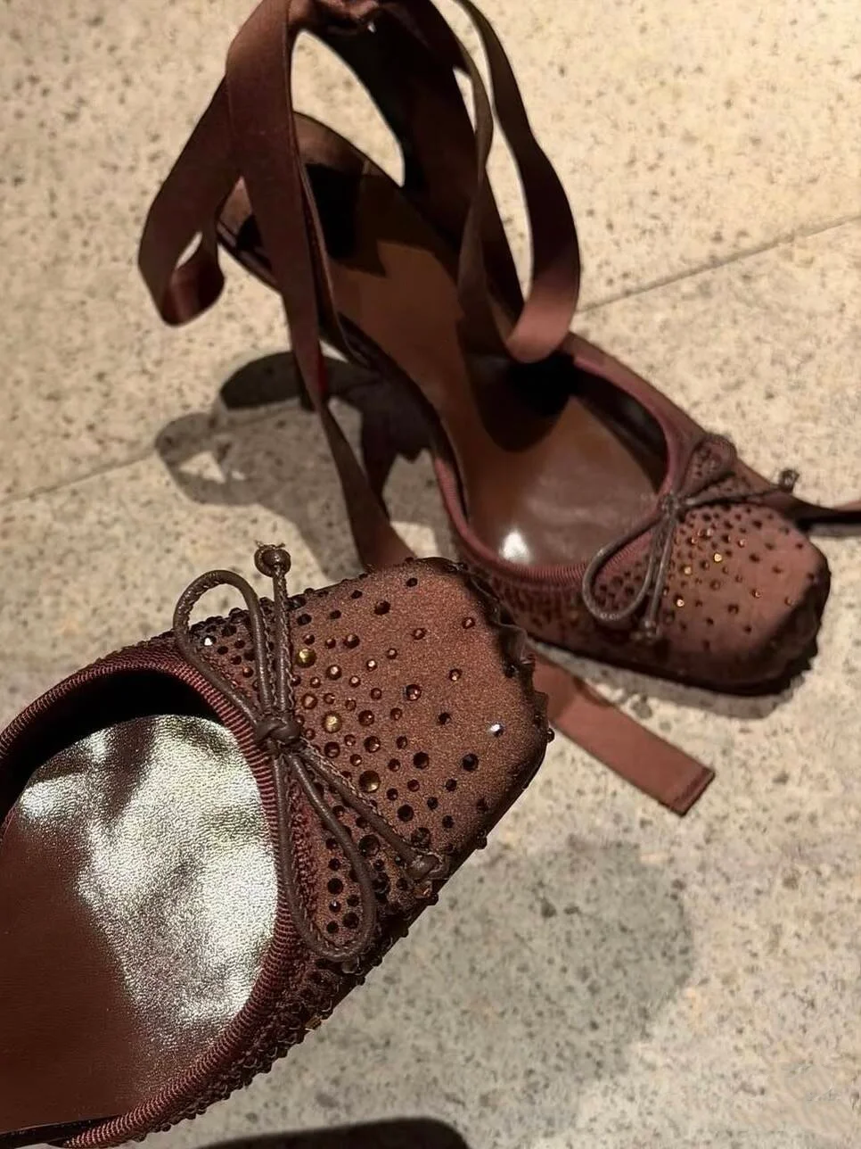 

Bling Rhinestone Slik Square Toe Butterfly-Knot Summer Women Ballet Sandals Stiletto High Heels Lace Up Design Large Size Shoes