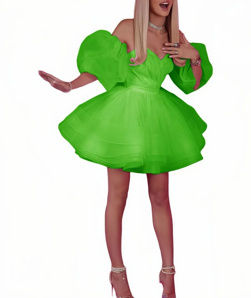 Satin and Tulle Off Shoulder Party Prom Dresses Sweetheart Short Homecoming Dress A-Line Bubble Sleeves Ball Gowns