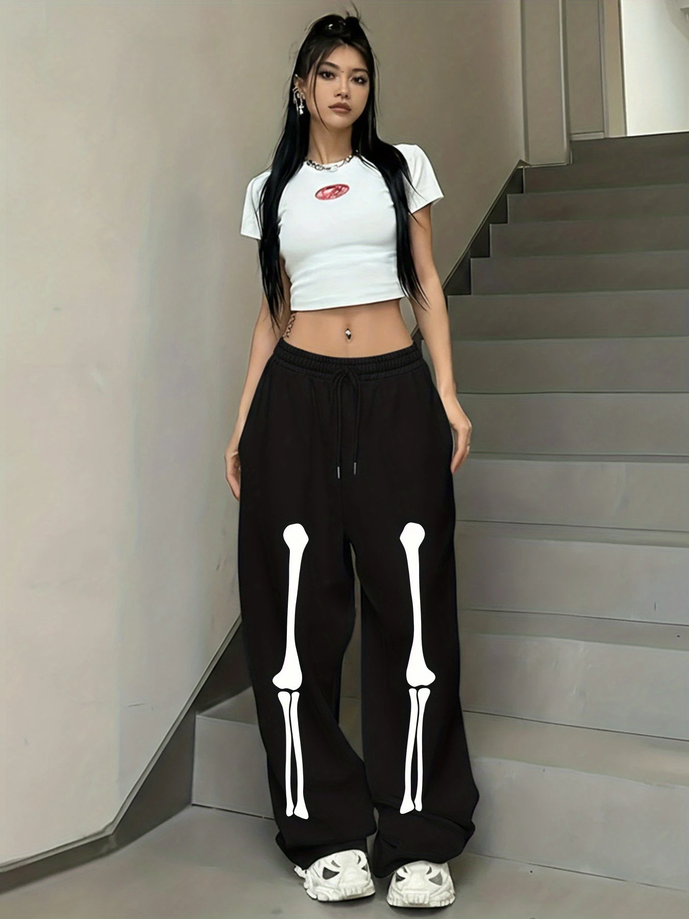 Y2K Dark Style Skeleton Printed Wide Leg Pants for Women with Drawstring, Elastic Waist, Loose Street Subcultural Casual Pants