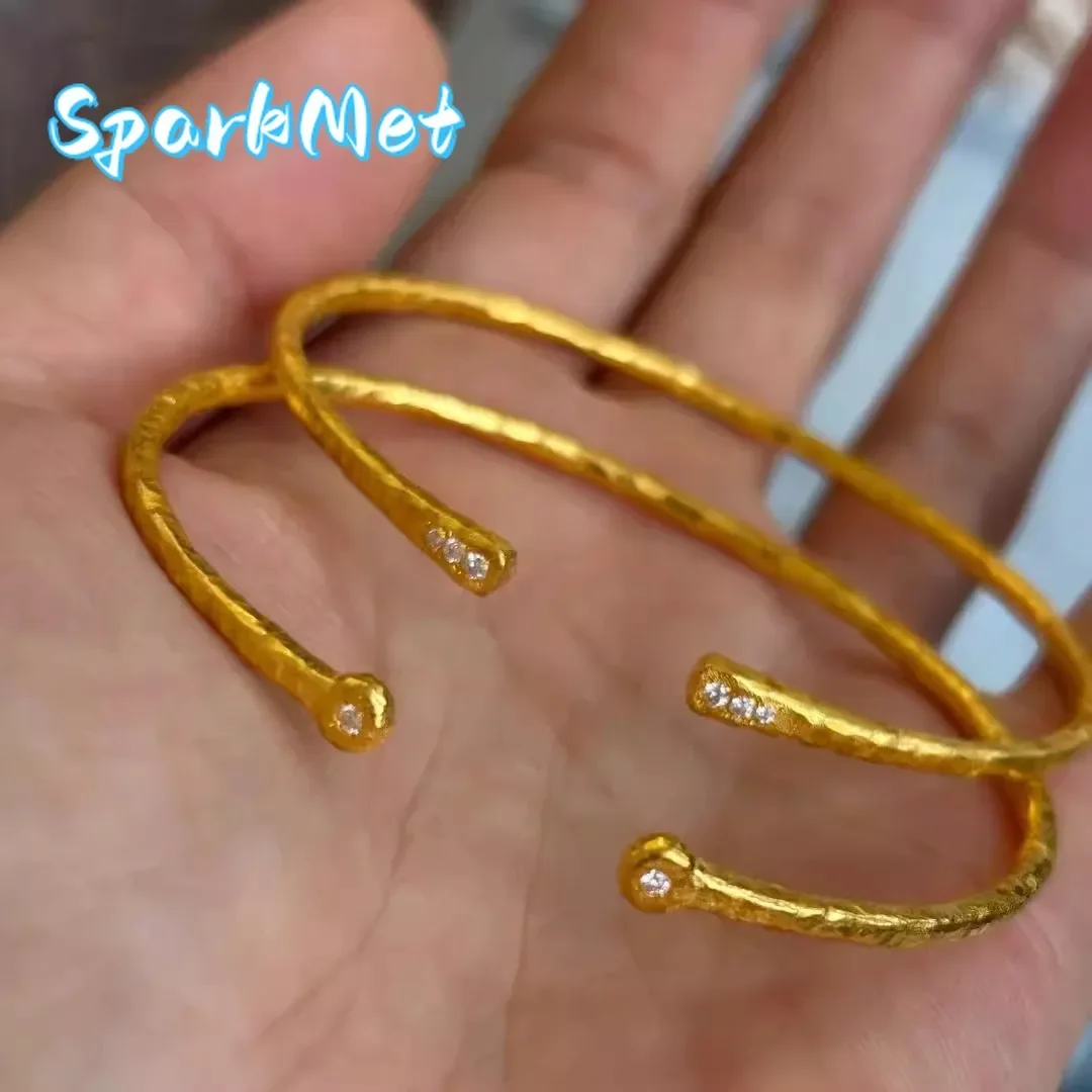 

Sparkmet Dingdang 9999 24K Real Gold Bracelet Minimalist Pure Handmade Hammer Pattern Point Drill Open Bangle