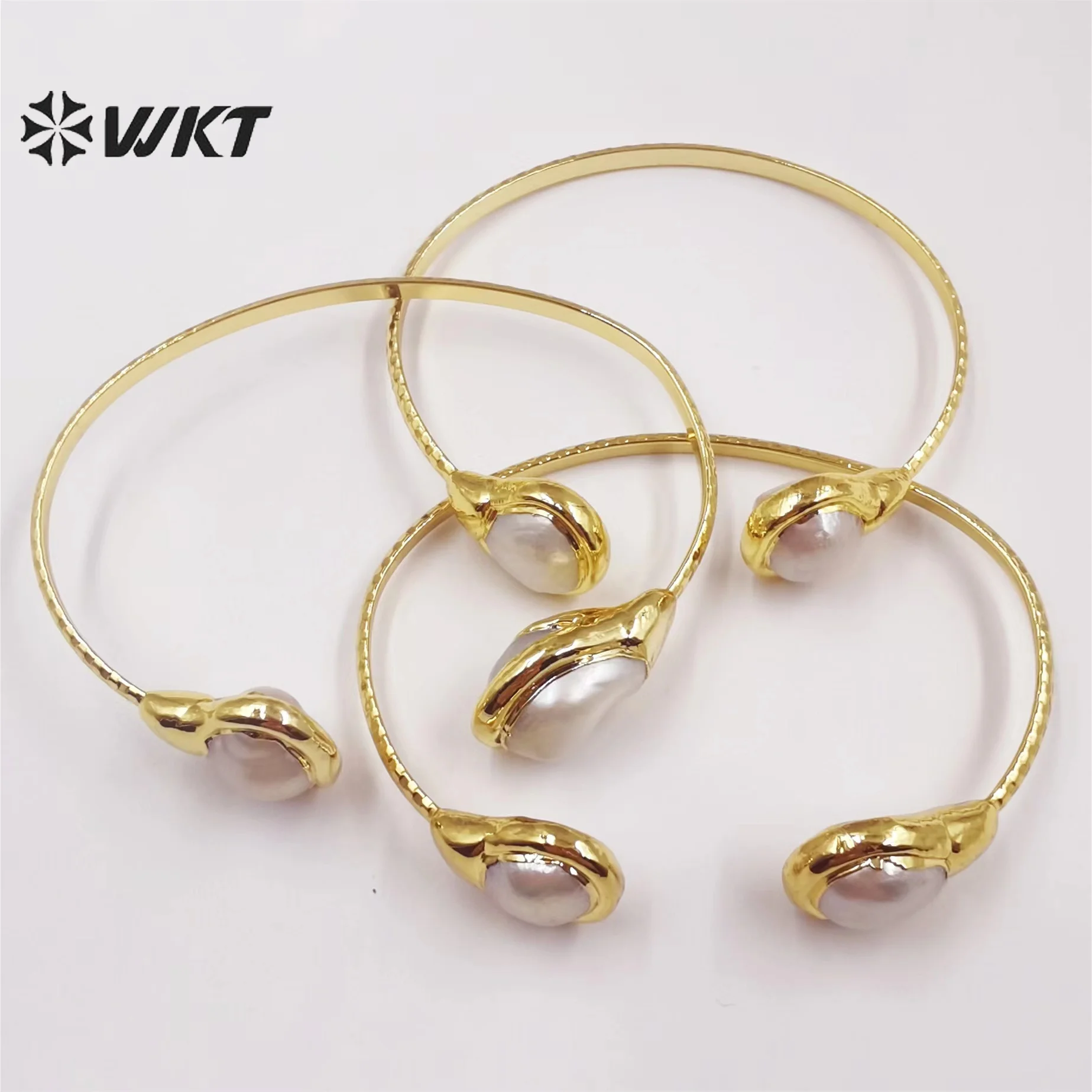 WT-MPB054 WKT Good New Natural Pearl Bracelet Gold Plated Baroque Opening Large C Thin Edge Bracelet Women Jewelry Gift