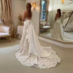 Chic 3D Flowers A Line Wedding Dress Pretty Strapless Lace Appliques Bridal Dresses Big Satin Bow Back Long Wedding Gowns