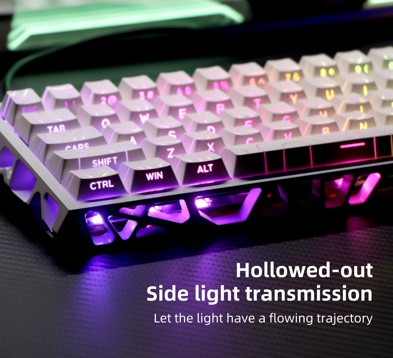 

super cool 61-key mechanical gaming keyboard features a hollowed-out design and RGB lighting; it's practically a work of ar