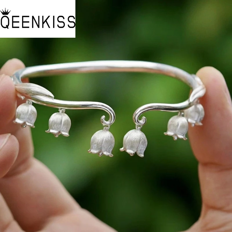 QEENKISS 925 Sterling Silver Vintage Lily of The Valley Bracelet Bangle For Women Party Birthday Wedding Christmas Gifts BT6194