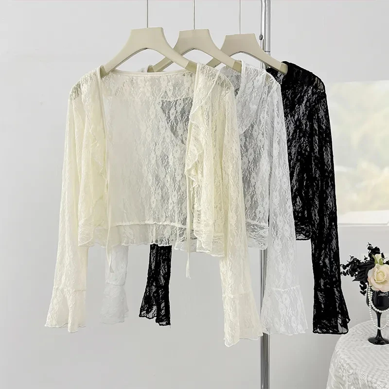 

Лето 2025 г., кружевная рубашка с полыми крючками и цветочными рюшами, тонкий кардиган на шнуровке, нежные прозрачные универсальные короткие топы Mujer