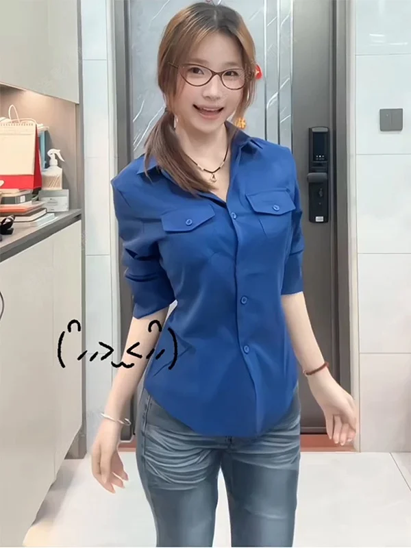 

American Waist-Cinching Collar Shirt Women Pure Desire Casual Irregular Short Length Seven-Bit Sleeve Design Sense