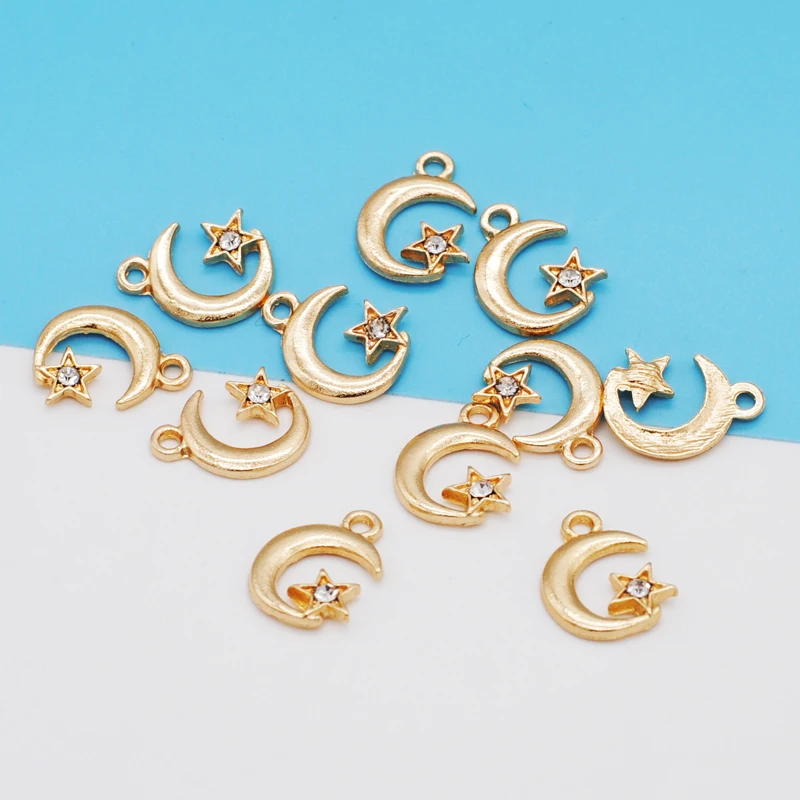 30PCS/Lot New Fashion Jewelry KC Gold Color Tone Moon&Star With Rhinestone Charm For DIY Jewelry Making Earring Accessories