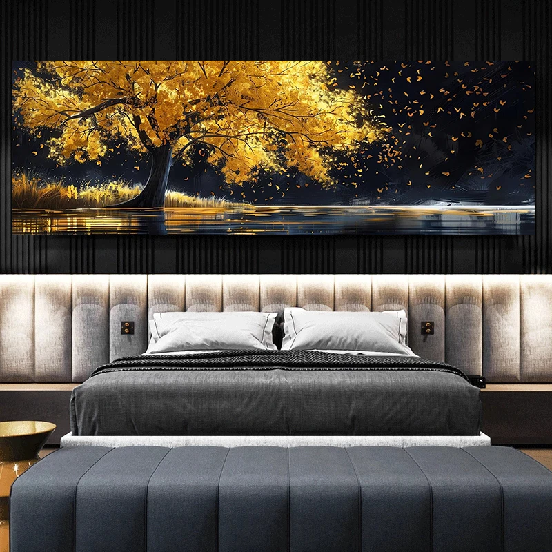 Blue Tree Golden Tree White Flower Landscape Poster Nordic Wall Art Canvas Painting Poster and Print for Living Room Home Decor