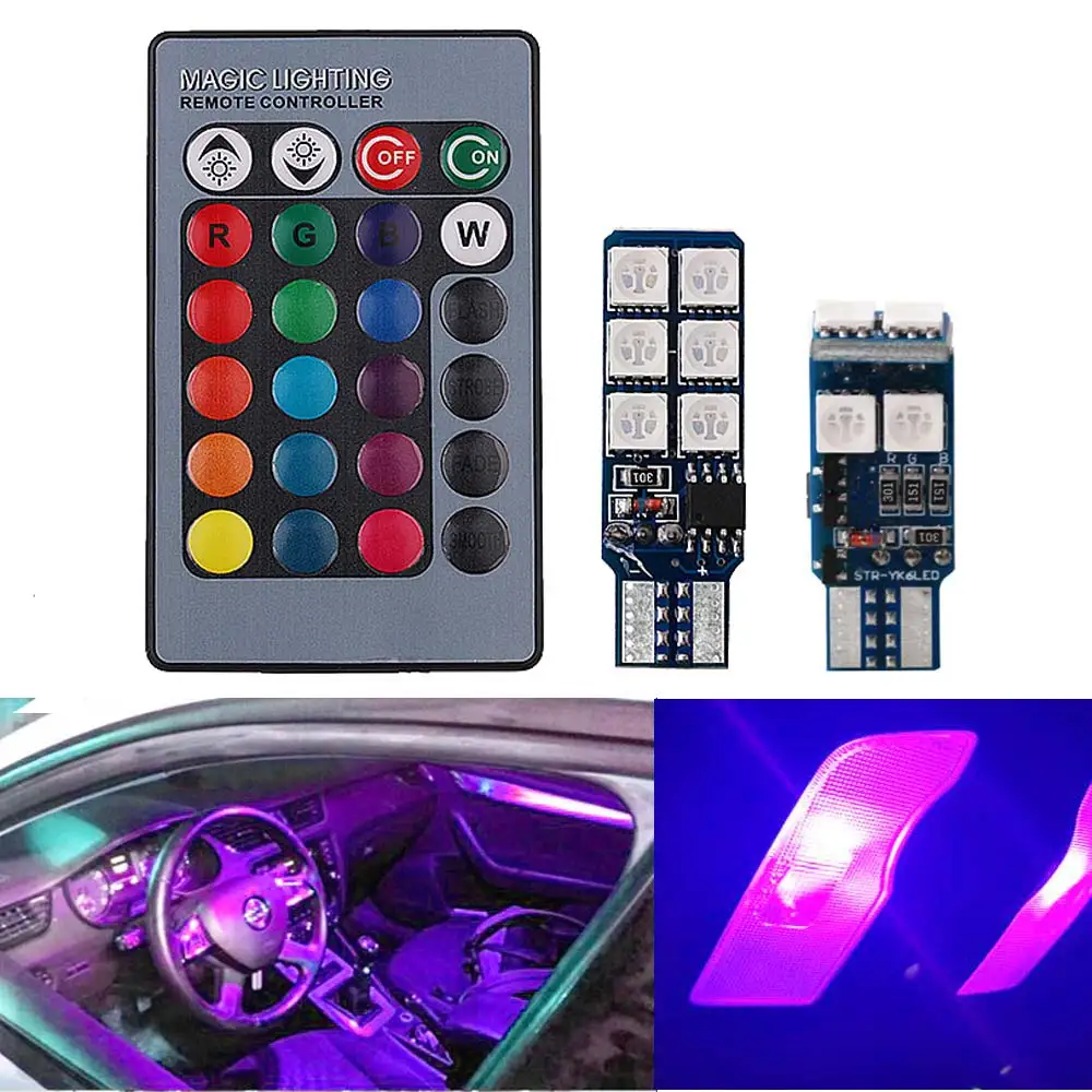 2PCS Auto Interior Decoration Lamp T10 W5W 5050 Atmosphere Car Light RGB 12 LED With Remote Controller Colorful Reading Blub 12V