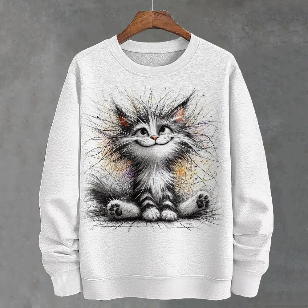 Sudadera divertida para hombre, camiseta de manga larga con estampado 3d de gato de dibujos animados abstractos, ropa para hombre, sudaderas de gran