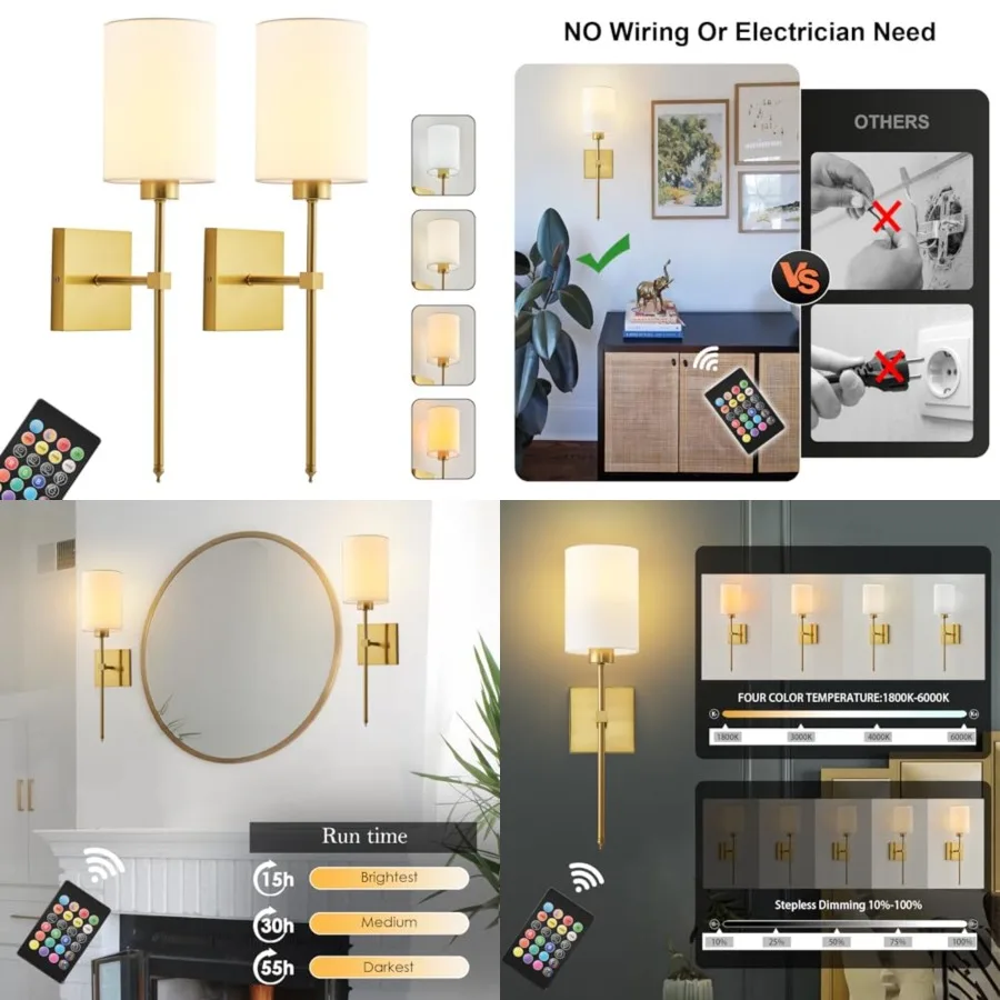 

Battery Operated Wall Sconce Set of Two, Wireless Rechargeable Wall Light with Remote Control, Dimmable, 4 Color Temperatures,