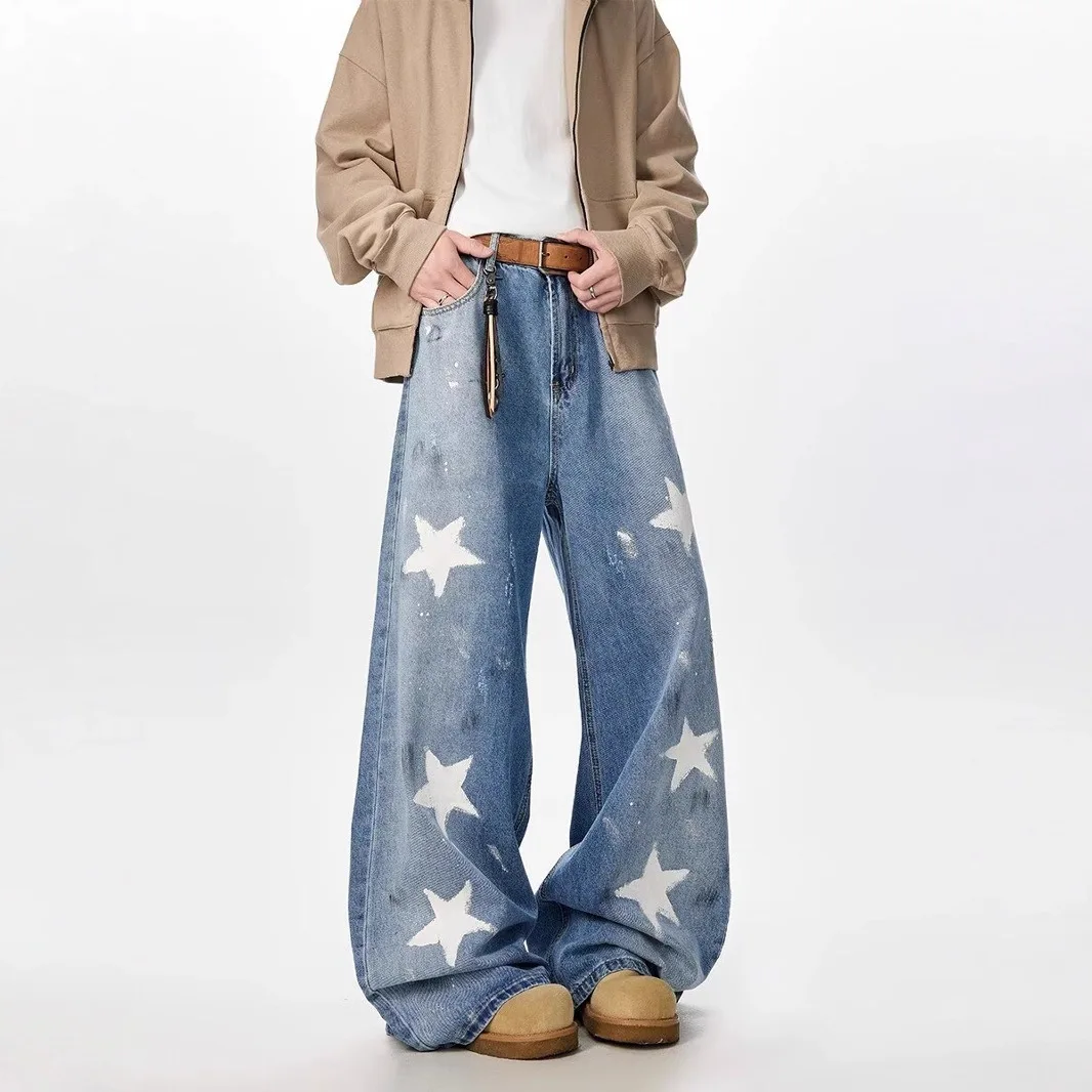 MWJLPWQ جينز عتيق بتصميم جرافيتي خماسية للرجال الهيب هوب خريف جديد ملابس الشارع الشهير بنطلون مستقيم فضفاض 2025 ربيع 11962