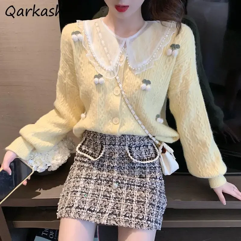 

Cherry Cardigan Spring Long Sleeve Sweet Solid Females Fashion Korean Harajuku Vintage Preppy Cute Elegant New Clothes Knitwear