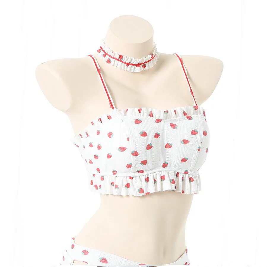 Cute Summer Pool Party Japanese School Student Swimsuit Sexy Pajamas Set Nightgown Kawaii Strawberry Print Bikini Set