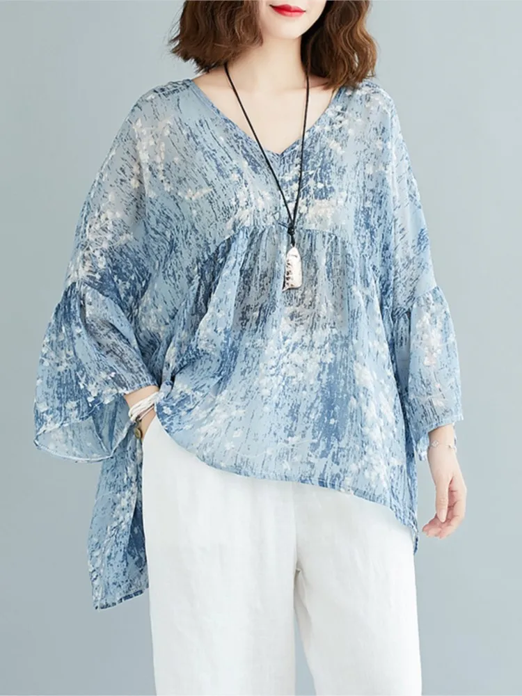 Oversized Summer Flower Print Pullover T-Shirt Tops Women Ruffle Modis Irregular Pleated Ladies Cropped Blouses Loose Woman Tops