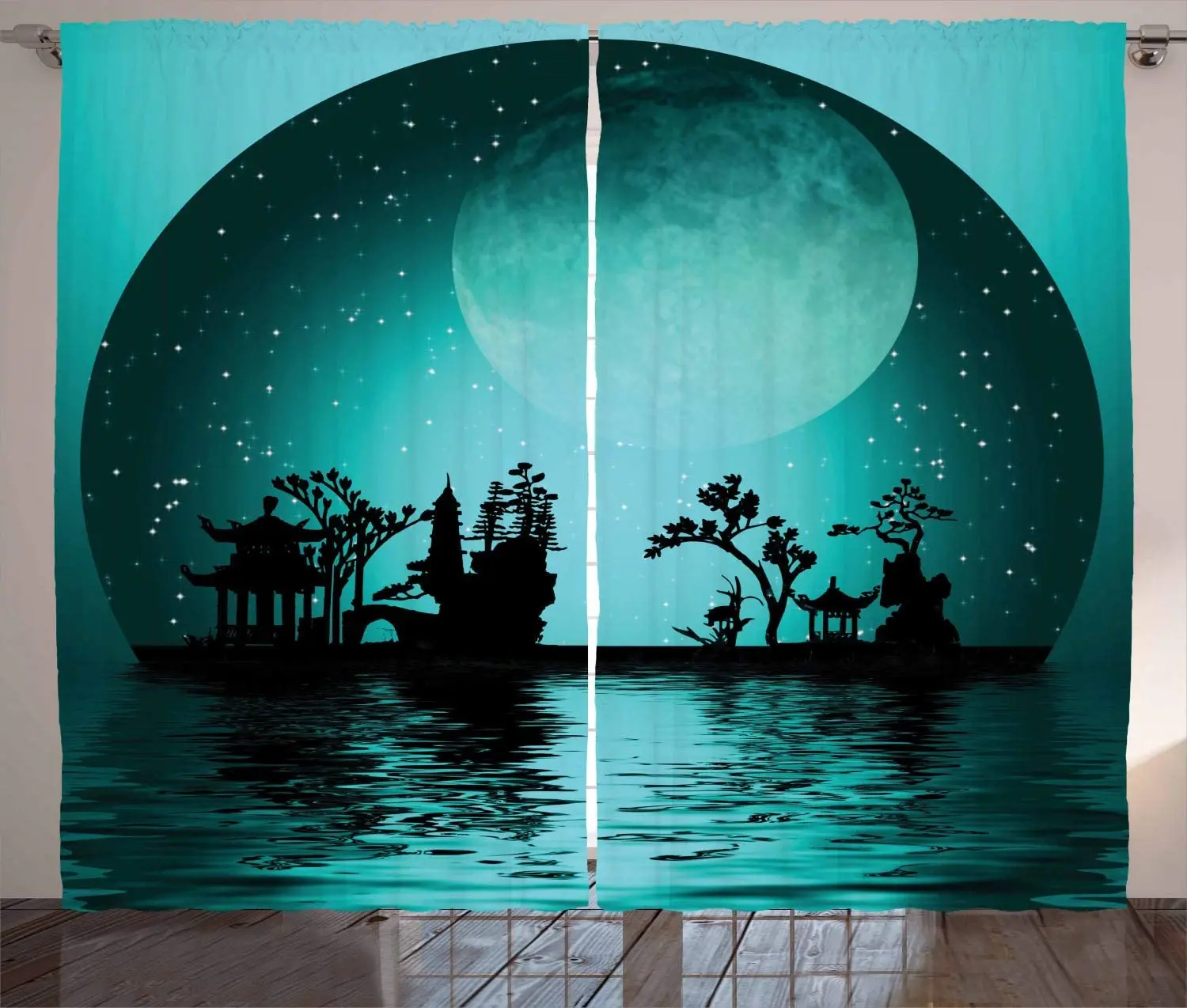 

Landscape Curtains with Moon and Stars in the Night Sky for Girls, Curtains for Kids Room, Living Room, Bedroom Window, Green