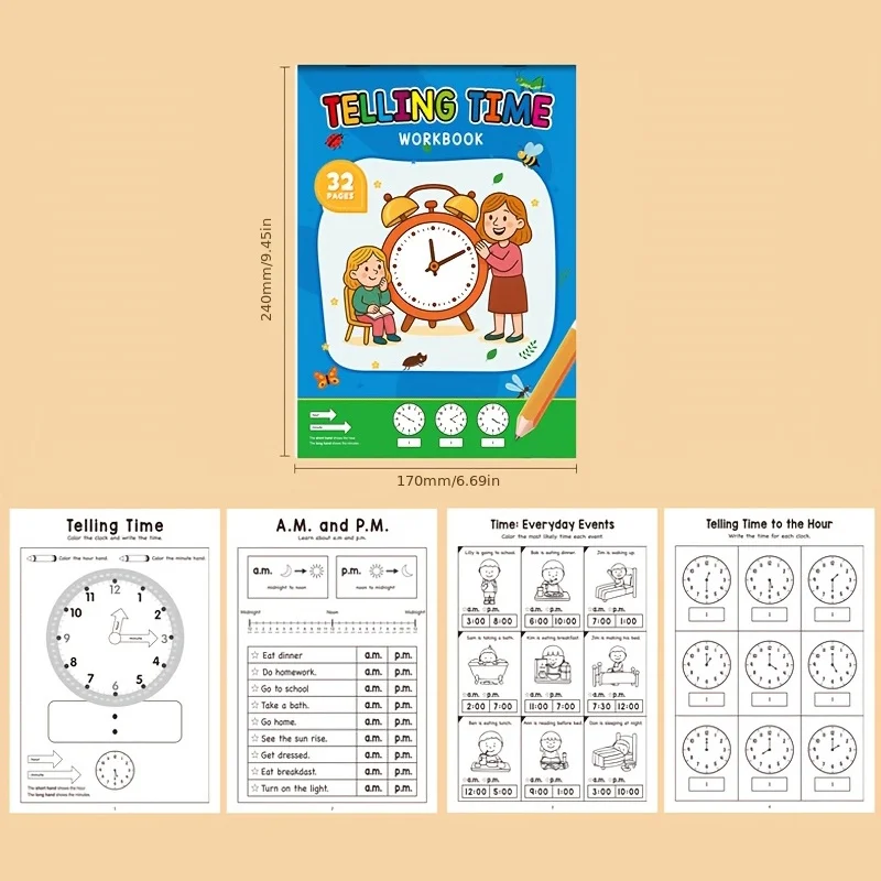 32 Page Children's Time Early Education Exercise Book, Puzzle Clock Drawing Book, Fun Time Cognition Exercise Book