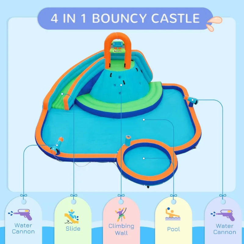 Castello di salto del parco acquatico della casa di rimbalzo 4 in 1 con piscina d'acqua, scivolo, pareti rampicanti e 2 scaglie d'acqua, ventilatore d'aria da 450 W