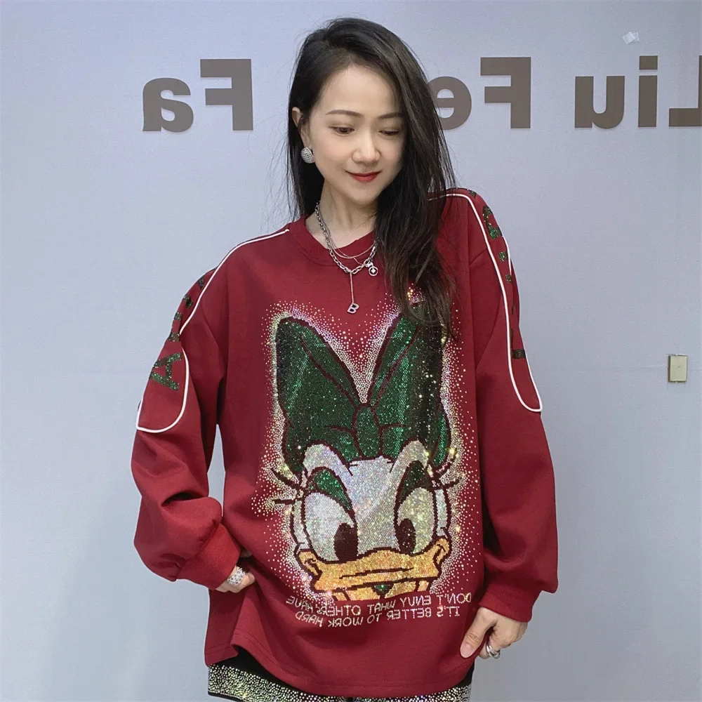 Fashion Autumn and Winter Round Neck Loose Cartoon Hoodies Women 2024 New Space Cotton Hot Diamond Oversize Sweatshirt Top