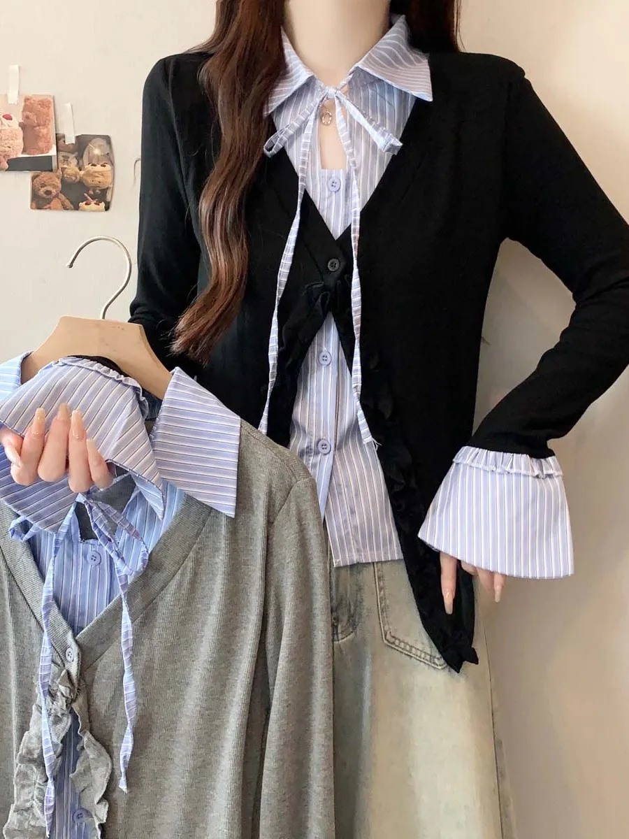 

Вязаный открытый кардиган больших размеров, женский модный лоскутный свитер для колледжа, модный топ для похудения на осень-зиму