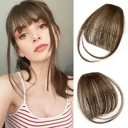 Light Brown Hair Air Bangs 100% Human Hair Wispy Bangs Hair Clip in Bangs Fringe with Temples Hairpiece for Women Hair Extension