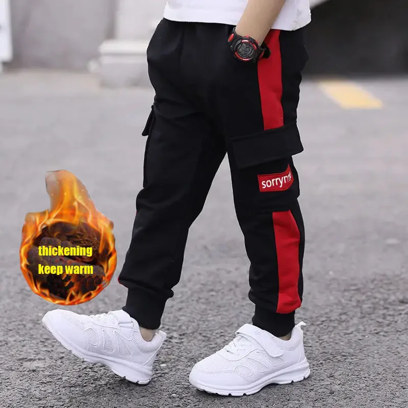 Children\'s pants Autumn Winter handsome boys velvet thickening big pocket overalls boys keep warm casual Sports pants 3-12Y