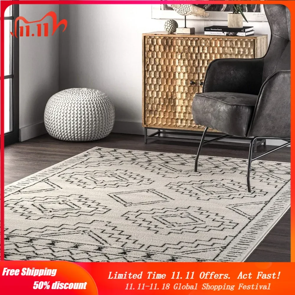 

7' x 9' Indoor Performance Area Rug, Stain-Resistnat, Pet and Kid Friendly, Durable, High-Traffic, Noa ivory and black