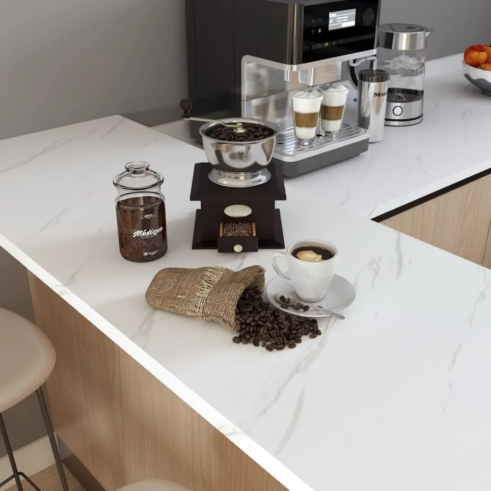 ورق جدران قابل للتقشير واللصق من الرخام الأبيض مقاوم للماء ذاتي اللصق لأسطح الكونترتوب والرش الخلفية، 36 × 160 بوصة، اتصال رخامي P #5