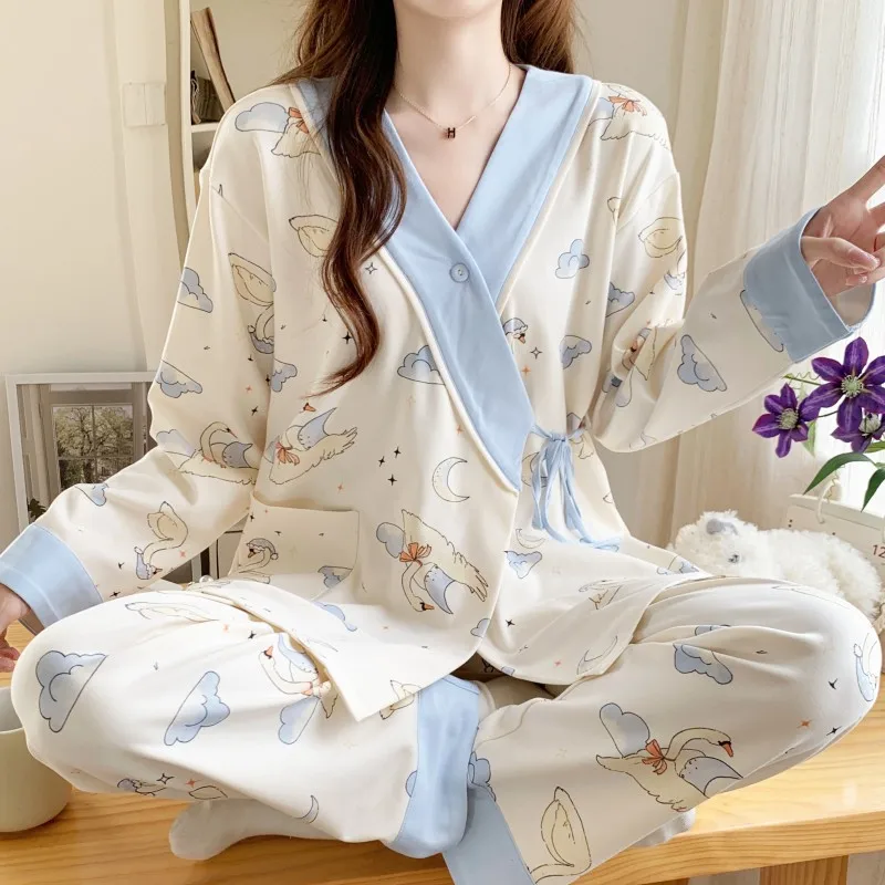 Maternity Wear Spring/Summer Lightweight Postnatal Gown Breastfeeding Loose-Fitting Sweat-Wicking Maternity Nightwear Set