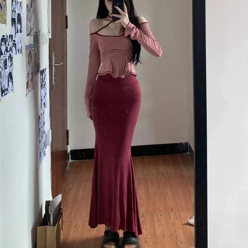 Women Sets Halterneck Long Sleeve T-shirt Chic High Waist Fishtail Skirt Two-piece Sweet Sexy Girls Streetwear Spring Outfits