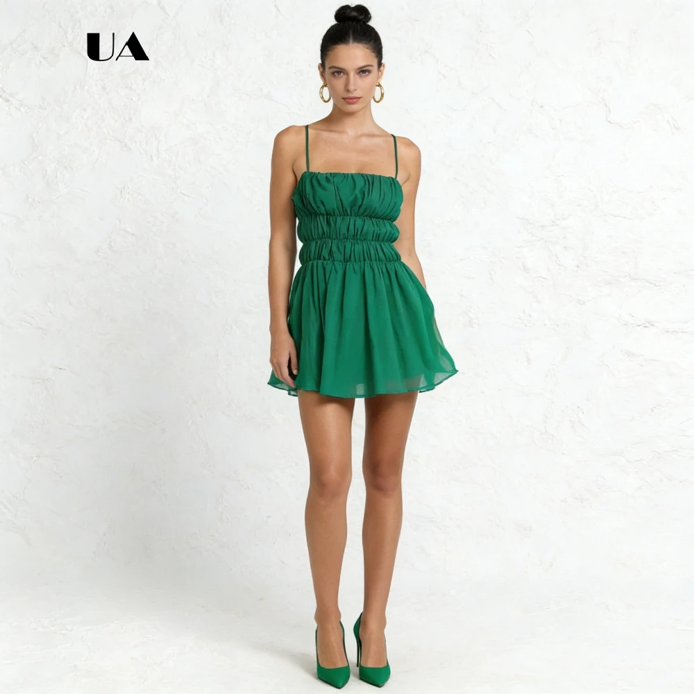 ULBYANRY Ruched Chiffon Fit-and-flare Mini Dress with Spaghetti Strap Solid Evening Dress for Woman Simple Customized Party Gown