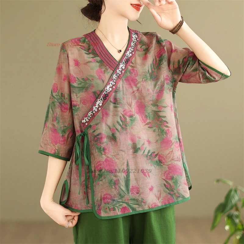 

2024 chinese improved blouse national flower embroidery print v-neck blouse traditional cotton linen meditation zen loose shirt