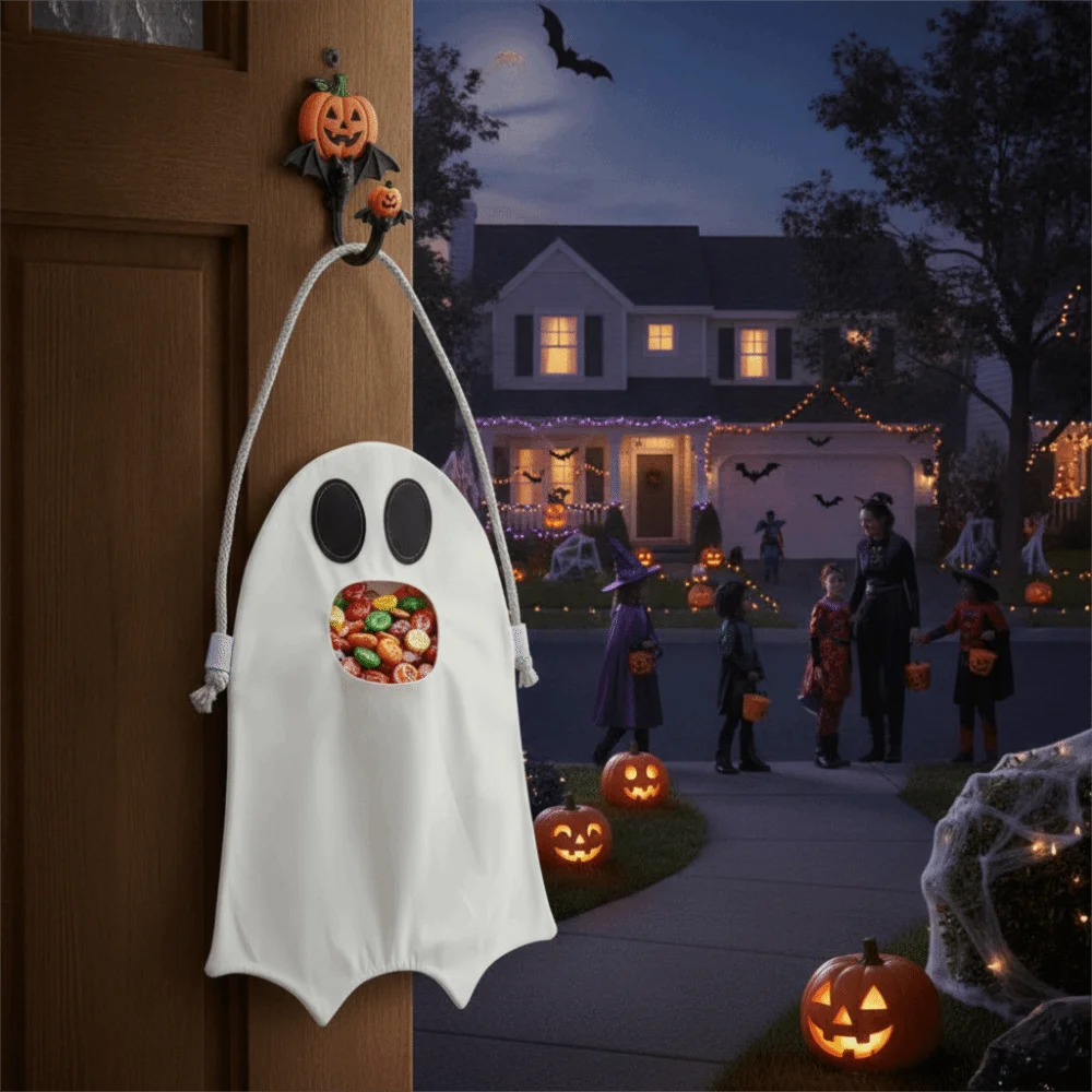 Folding Halloween Ghost Candy Bag Adjustable Strap Reusable Trick-or-Treat Storage Pouch Large Opening Mouth Lightweight