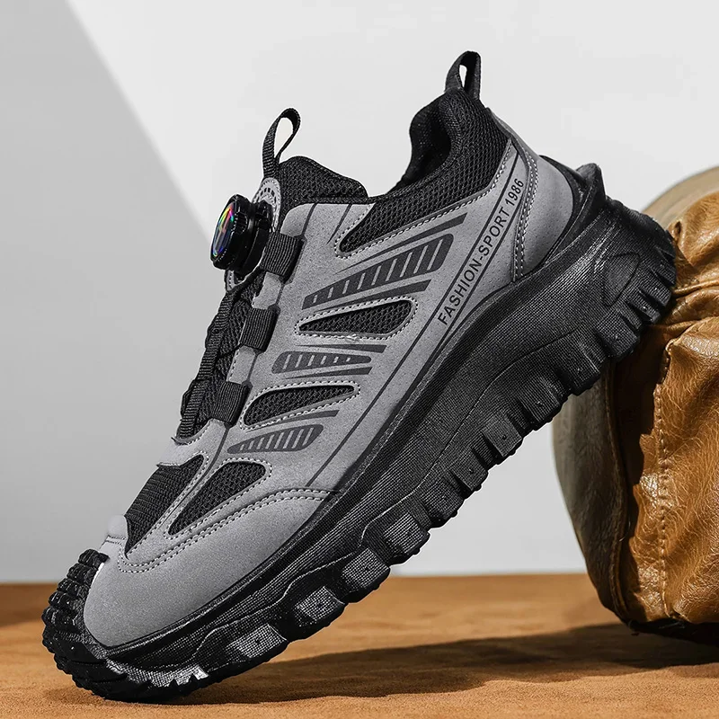 Men Sneakers Spring Summer Breathable Mesh Mixed Texture Dial Lacing System Chunky Sole Techwear Casual Shoes
