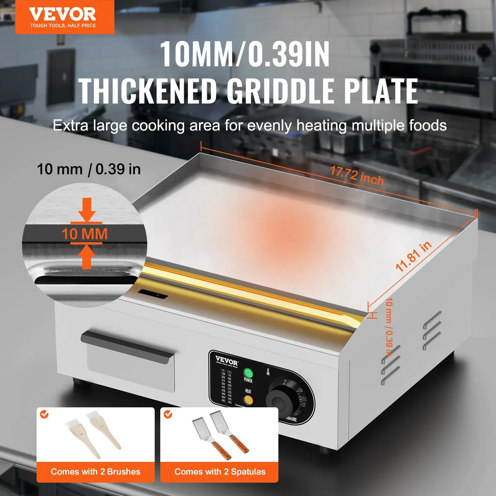 Commercial Electric Griddle, 1700W Countertop Flat Top Grill, 122°F-572 °F Adjustable Temp