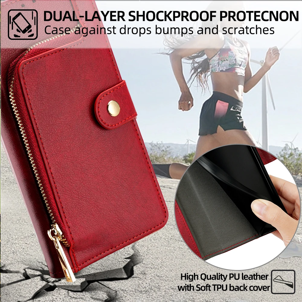 Card Slots Leather Flip Phone Case for Xiaomi Redmi 9A 9AT 9C A1 A2 Plus Note 9T 9S 9 Pro Max Prime Zipper Wallet Case Lanyard