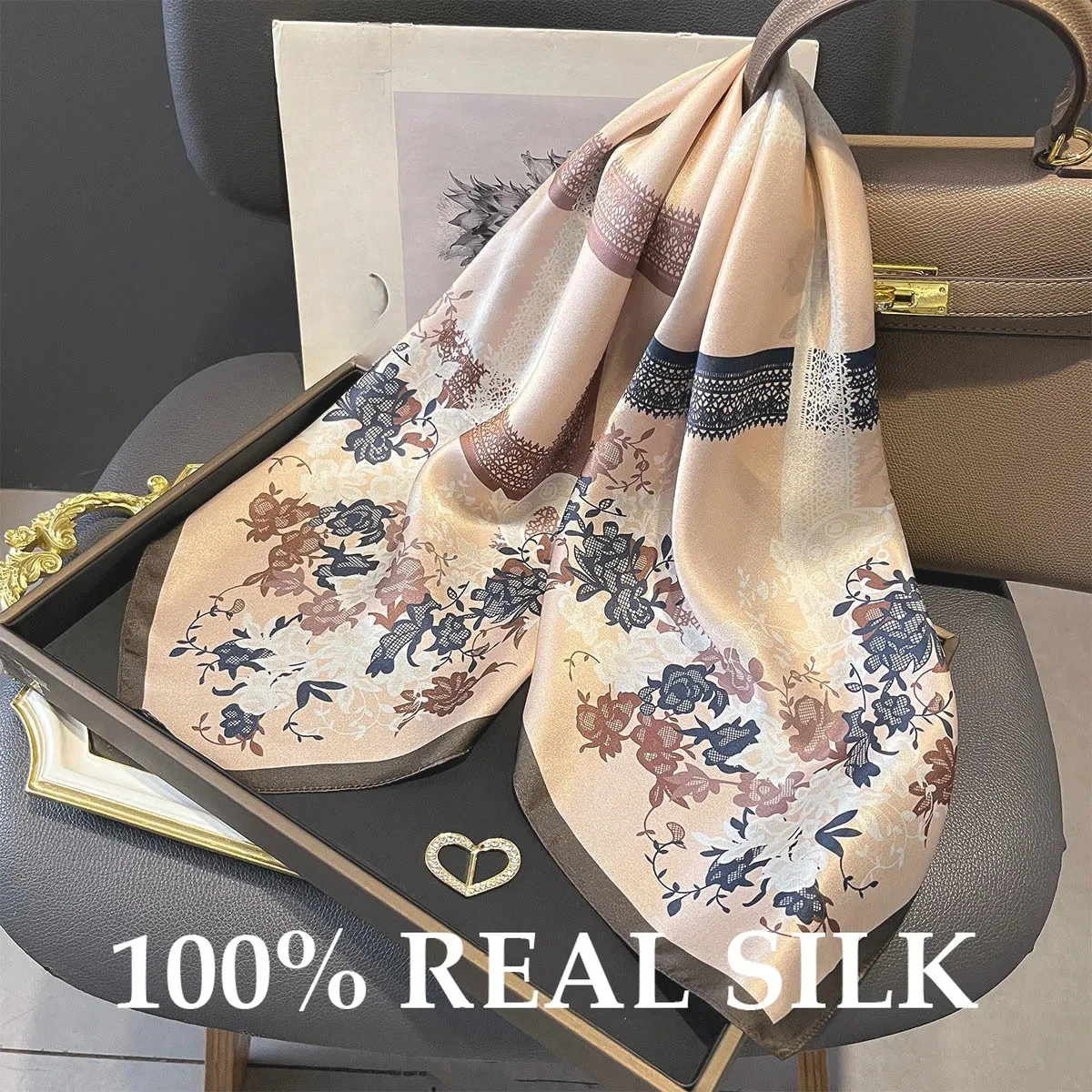 

New 100% Natural Pure Silk Scarf Women Soft Satin Hair Scarves Fashion Square Printed Headscarf 65cm Scarf Headband Shawl Wrap