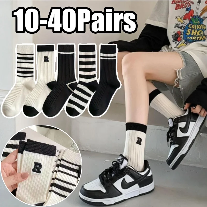 

Women's Simple Black White Stripe Embroidery Crew Socks Breathable Double Needle Cotton Slouch Socks for Spring Summer Autumn