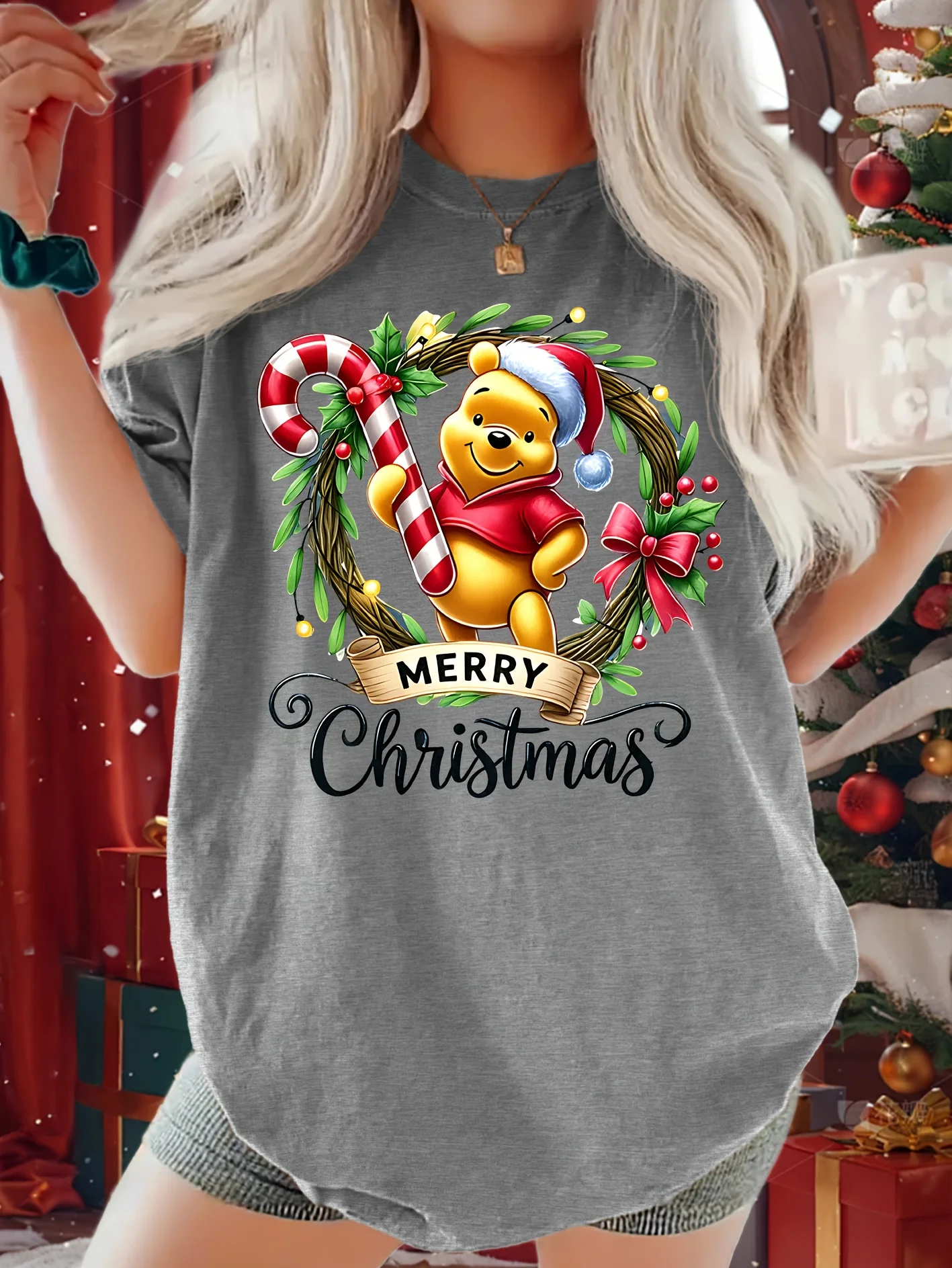 Disney Winnie The Pooh Christmas T-Shirt Cotton Men's Women  Casual Trendy  Oversized Loose Short Sleeve Unisex Event Outfit