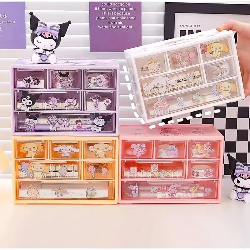 Sanrio Kuromi Multi Layer 6 Palace Grid Storage Box Cartoon Hello Kitty Table Drawer Cute Pochacco My Melody Jewelry Shelf Gifts