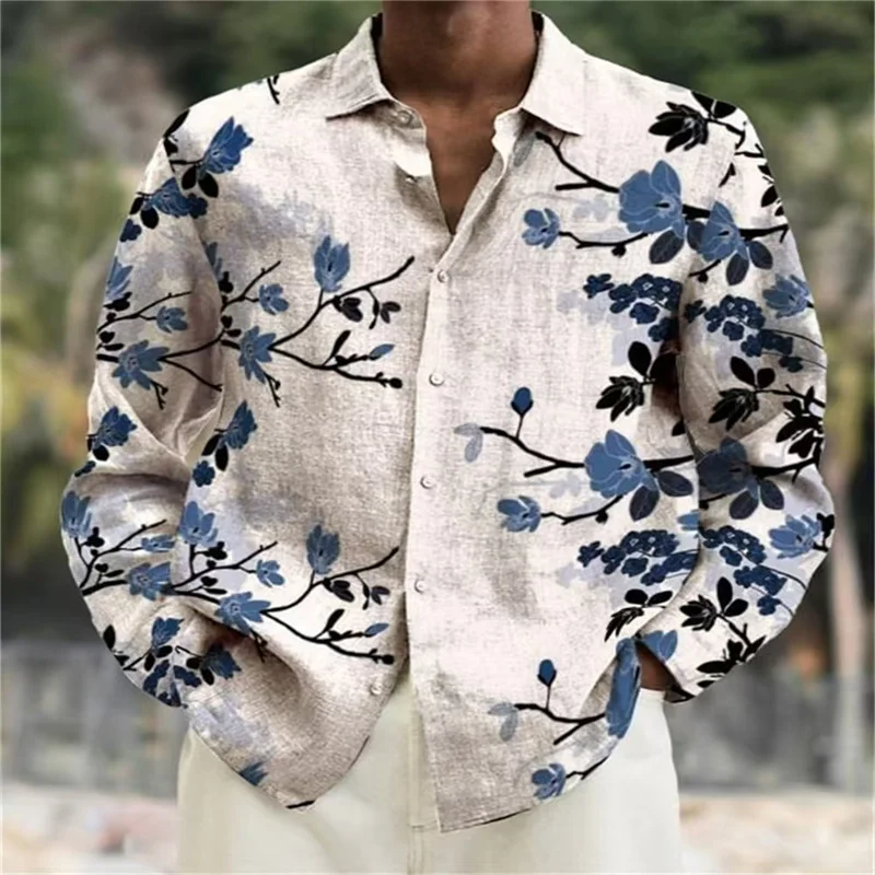 2024 New Fashion Men\'s Casual Polo Collar Long Sleeve Shirt Flame Rose Print Soft Healthy Material Tops Autumn Winter