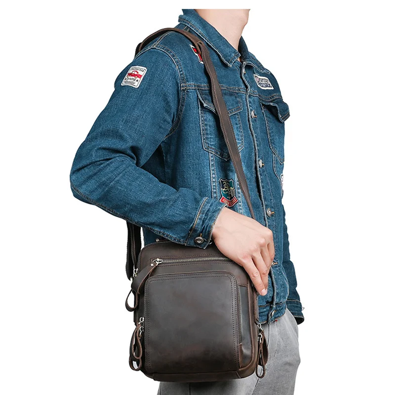 Leather Men Genuine Handbag Shoulder Cross body Sling Bag Retro Designer Crazy Horse Cowhide Male Tote Top Handle Messenger Bags