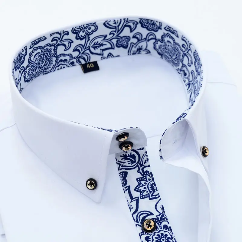 Blueandwhite Porcelain Collar Shirt Men Long Sleeve Korean Style Thickened Fleece Autumn  Shirt Special Wide Fit