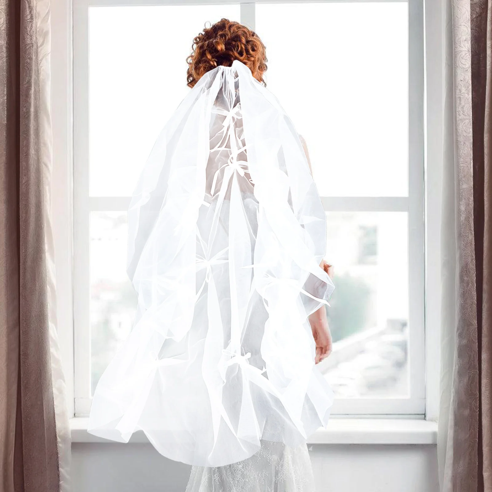 

Single Layer White Bow Wedding Veil Long Mesh Tulle Bridal Veil Comb Bride Outdoor Church Ceremony Accessories