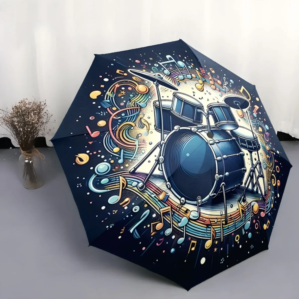 

Automatic Open/Close Umbrella with One-Touch Button - Drum Set Design (Blue Drum, Music Notes & Waves) - Compact Folding Umbre