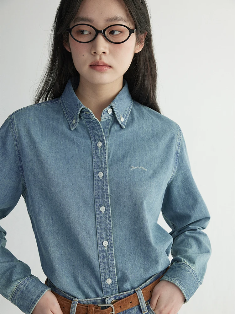 

Retro Waed Blue Jeans irt Embroidered Fit Casual Versatile HaveRice Commute Sle Cotton Blend Long Sve Button down