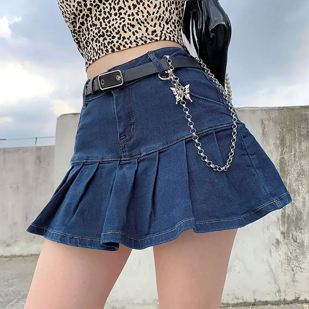 

Women Fashion High Waist Pleated Ruffle Denim Skirt School Uniforms A-line Mini Skirt with Lining Shorts for Teen Girls Y2K