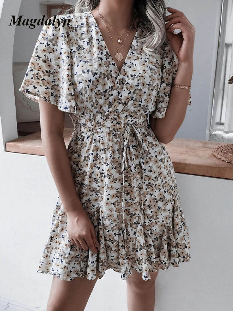 Magdalyn Women Summer Elegant Short Sleeve V Neck Ruffle A Line One-Piece Skirt Boho Print Mini Dresses Casual Beach Party Dress