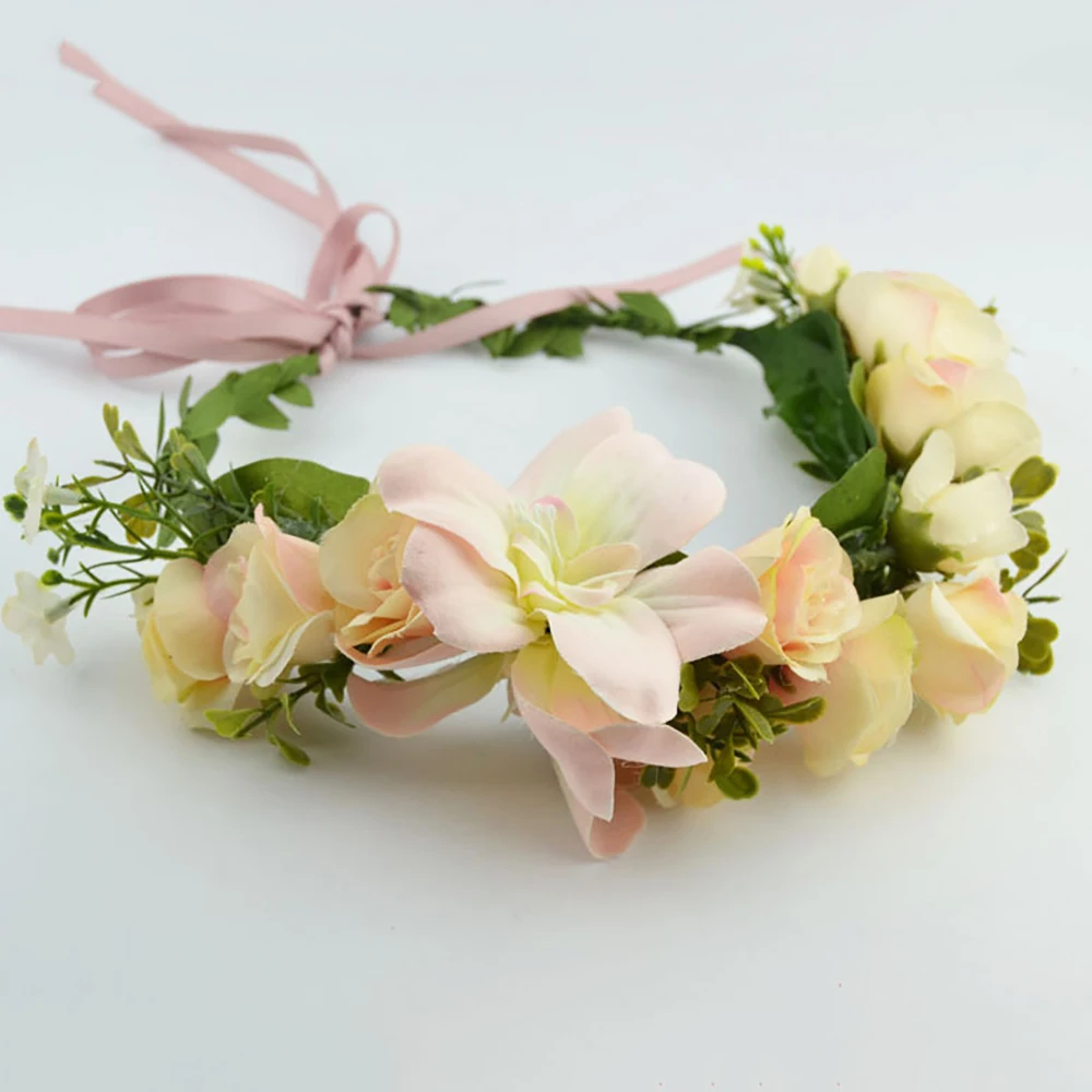 

Bohemian Flower Crown Wreath Bride Garland for Women Handmade Headband Fairy Tiaras Wedding Party Bridesmaid Hair Accessories