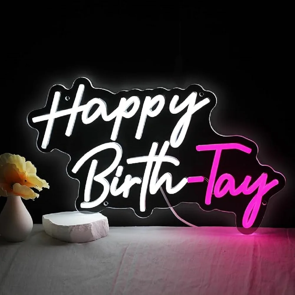 LED Neon Happy Birthday Sign, Nachtlampje, Feestdecoratie, Wit, USB-aangedreven, Decoratief voor Achtergrond, Slaapkamer Wanddecoratie 5V